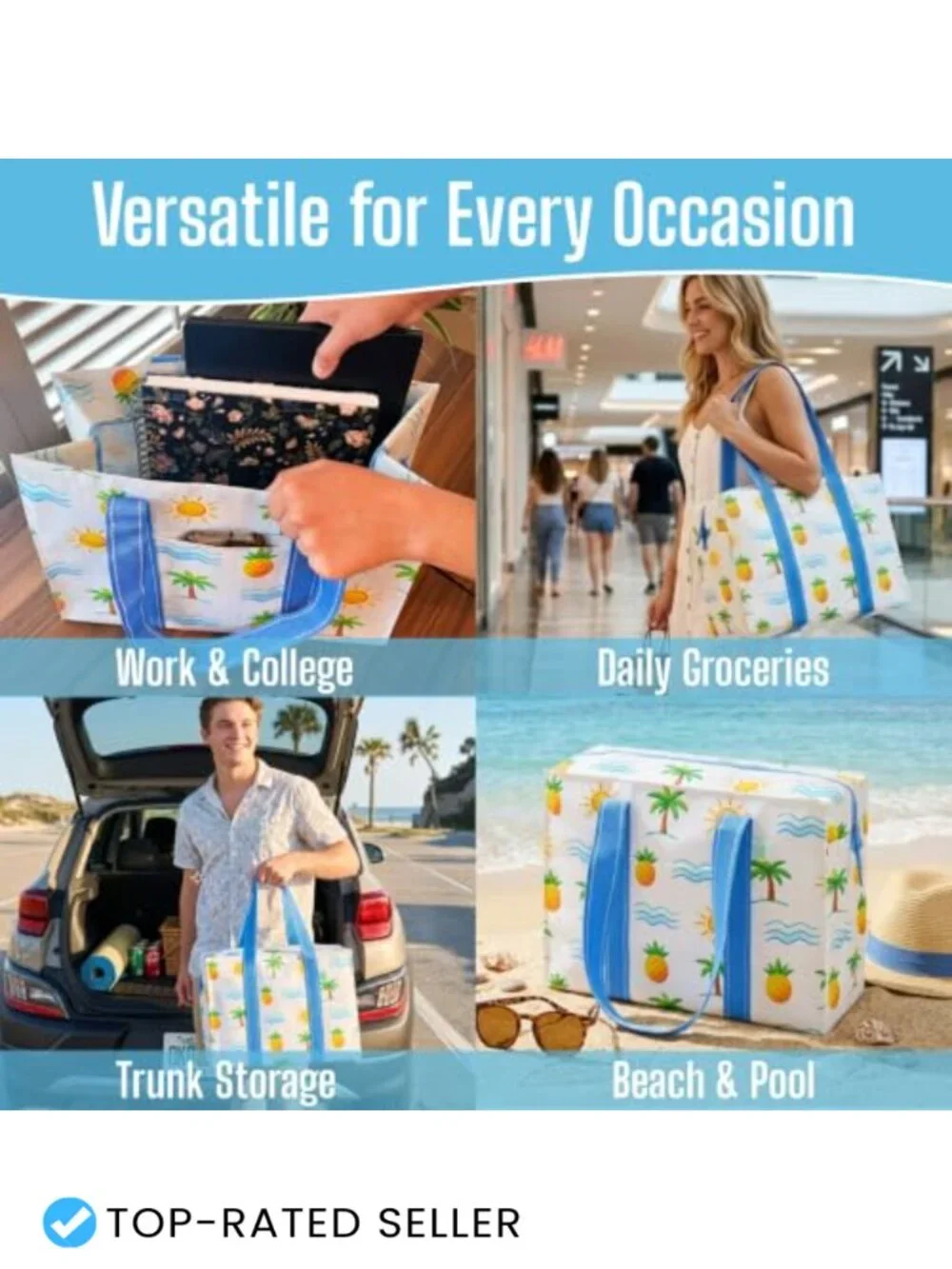 Heavy Duty Reusable Grocery Tote with Zipper & Hard Bottom, PP Woven, Foldable